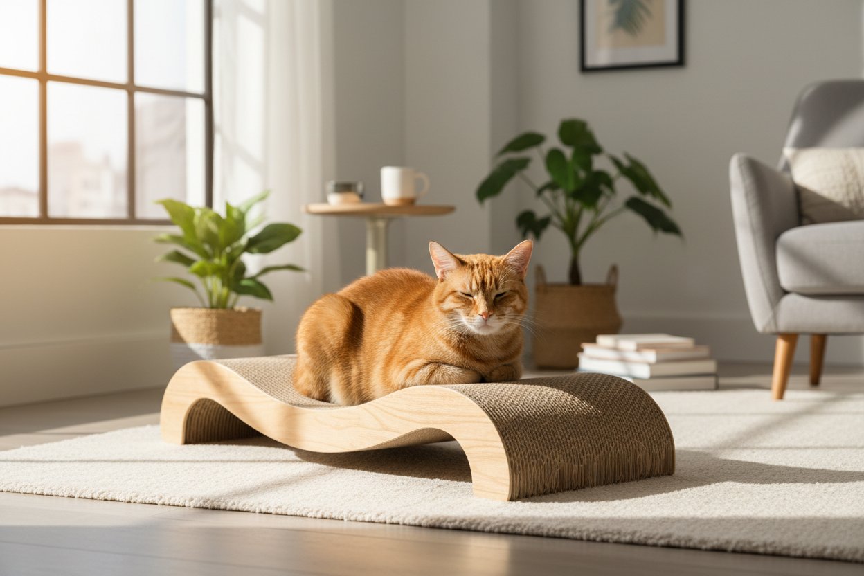 Chat sur lit griffoir en bois